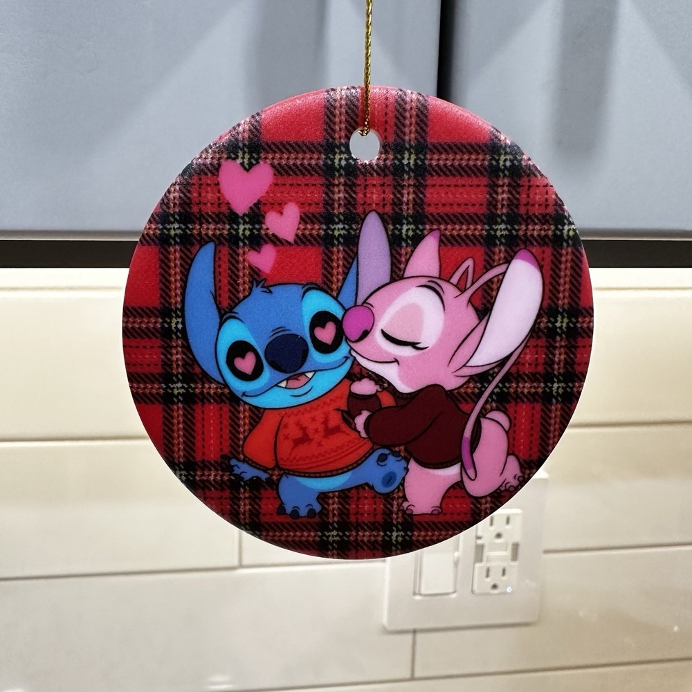 Lot of‎ 5 Disney Stitch Angel Ceramic Ornament Round Love Hearts Plaid Christmas